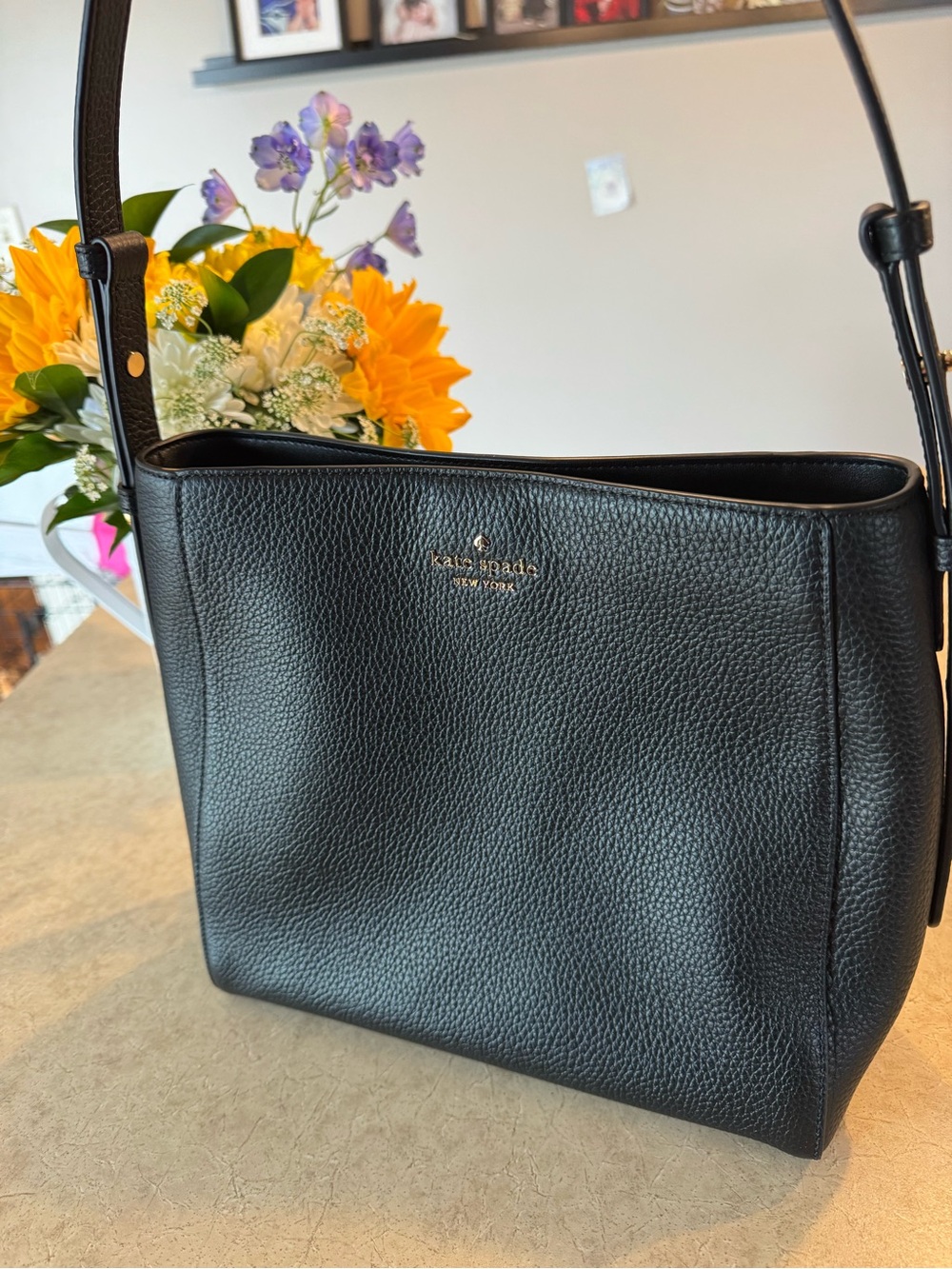 kate spade Black Pebbled Leather Shoulder Bag with Gold Logo
